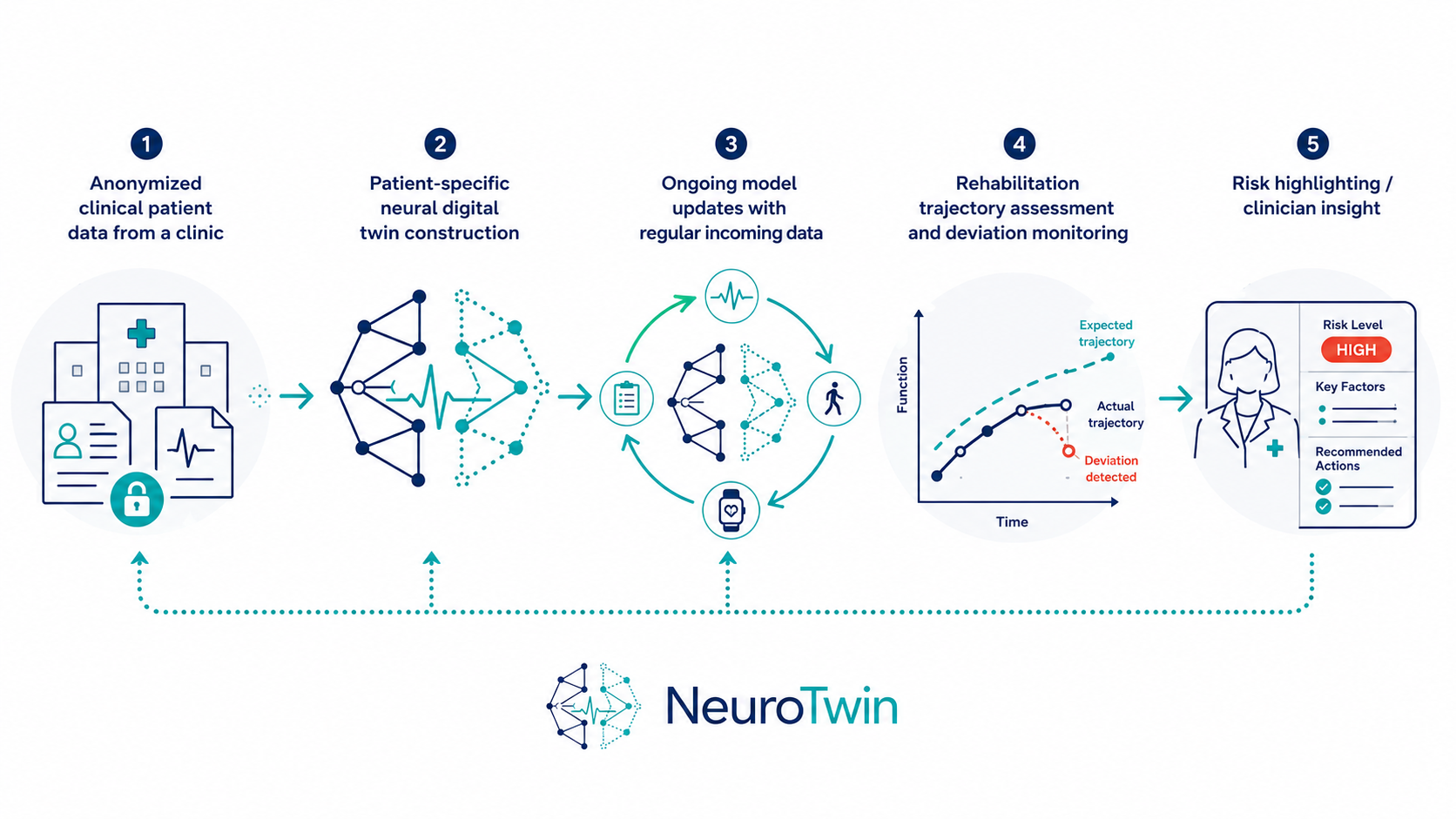 NeuroTwin workflow from anonymized clinical data to patient-specific neural digital twin, trajectory assessment, and risk highlighting